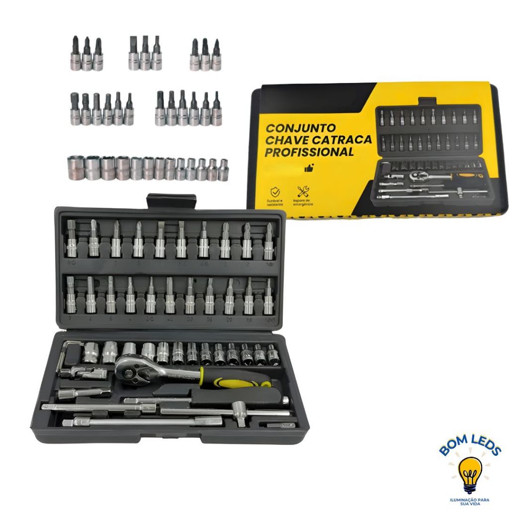 46 Peças Kit Chave Jogo Catraca Reversível Soquetes Com Maleta
