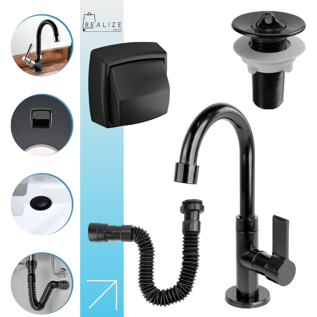 Kit Banheiro Completo Lavabo Torneira 1198 abs + Valvula Abs + Sifão + Acabamento Descarga Preto