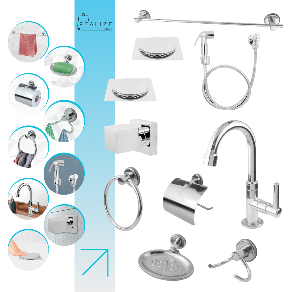 KIT BANHEIRO 5 Acessórios Inox + Torneira + 2 Ralo Click 10cm + Ducha Higiênica + Acabamento Cromado