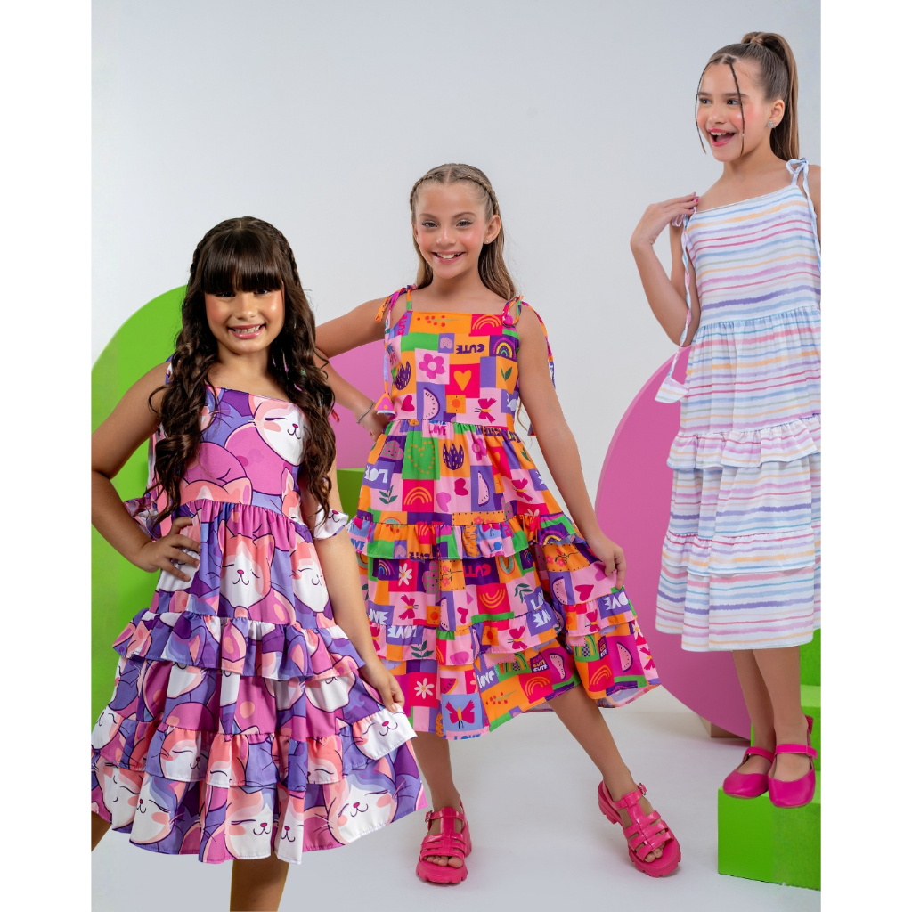 Vestido Lara Cute Estampado Infantil Juvenil, Menina tam. 4, 6, 8, 10, 12, 14, 16 fresco e leve