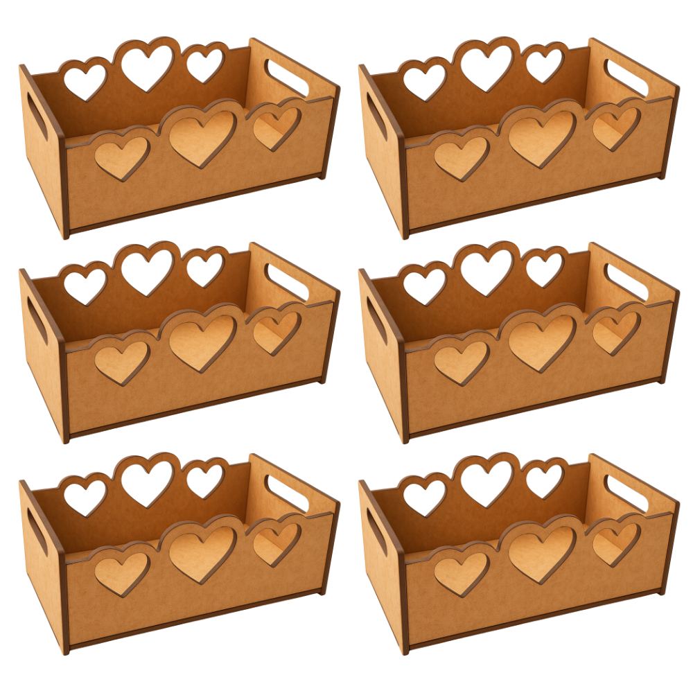 Kit 6 Caixote MDF Cru 15x10x6 Três Coração com Alça Ideal para Decoração Lembrancinhas