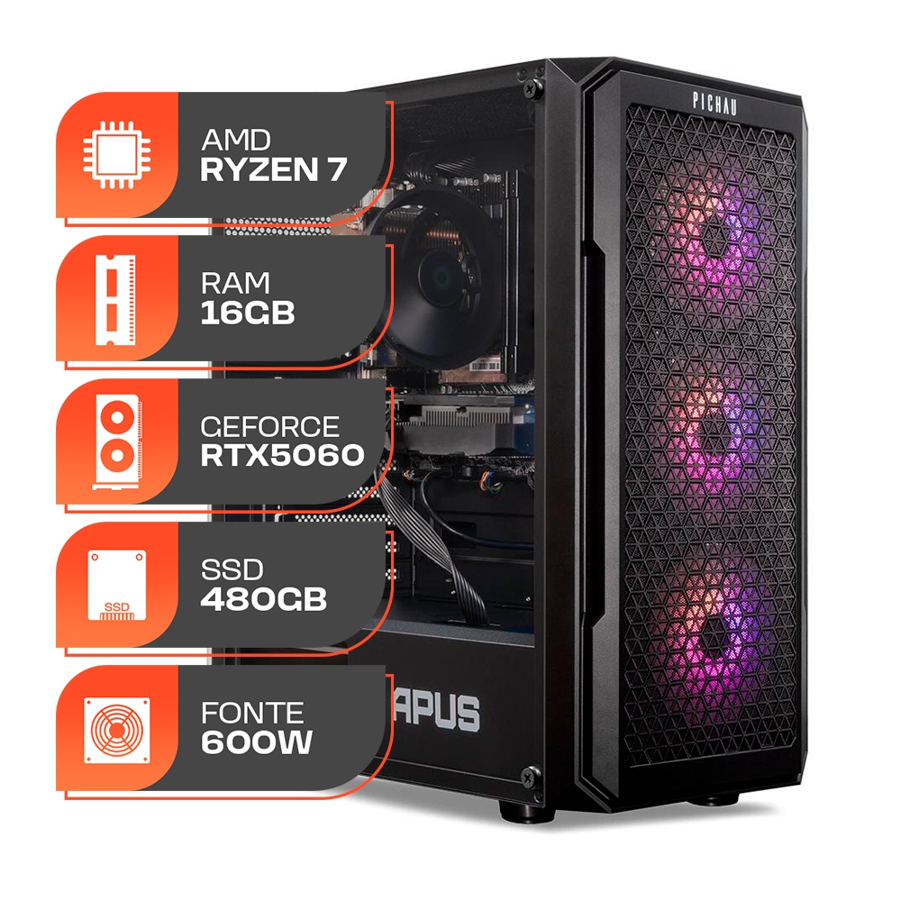 PC Gamer Titan Pro, AMD Ryzen 7 5700X, GeForce RTX 5060 8GB, 16GB DDR4, SSD M.2 1TB, Fonte 600W 80 Plus em Oferta na Shopee