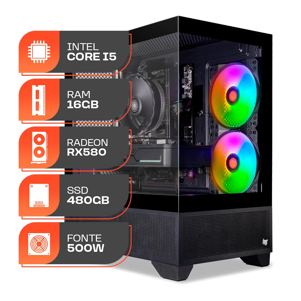 PC Gamer Forge, Intel Core i5-12400F, Radeon RX 580 8GB, 16GB DDR4, SSD 480GB, Fonte 500W 80 Plus