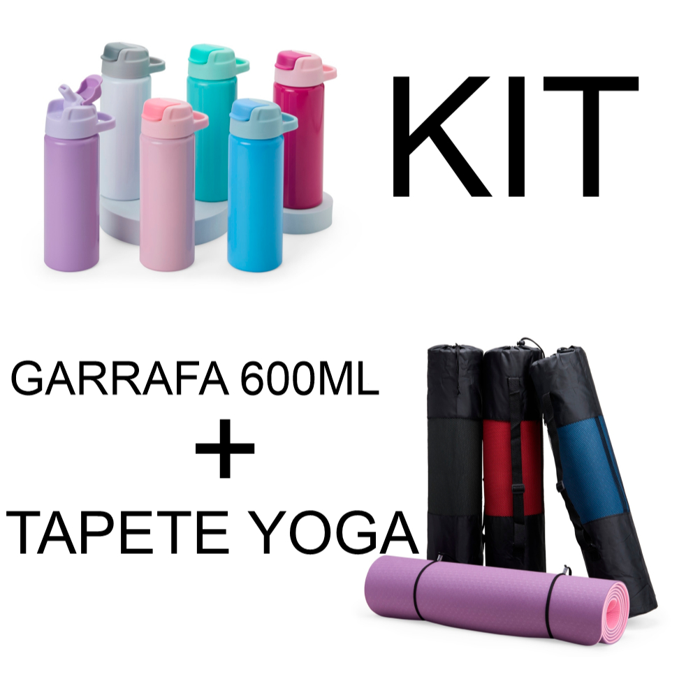 KIT Garrafa Inox 600ml + Tapete yoga Antiderrapante | Personalizada | Esportiva | Portatil |