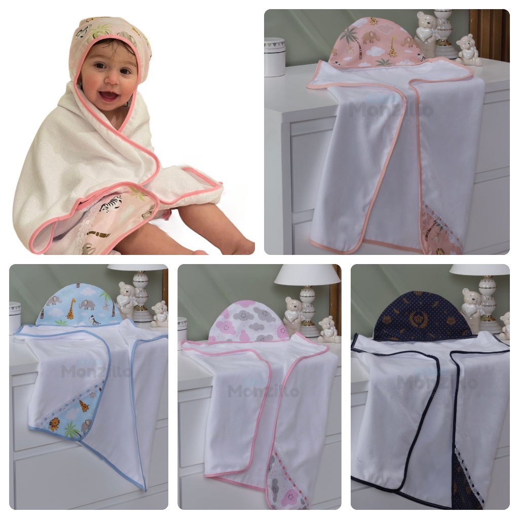 Toalha de banho bebê dupla face com capuz forrada com fralda