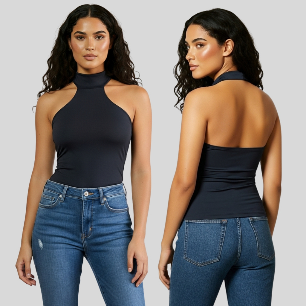 Blusa Feminina Gola Alta Frente Única Costas Nuas Gola Halter Efeito Modelador
