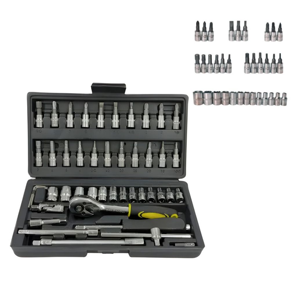 Conjunto de Chaves Catraca Profissional, 46 Peças, Maleta Organizadora, Ferramentas com Soquetes e Bits
