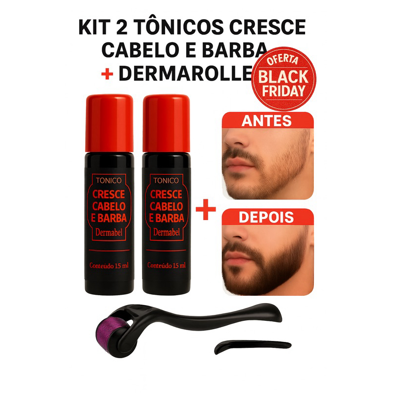Kit Dermaroller+2Tônicos Ativador de Crescimento Capilar Preenche e Fortalece Barba Dermabel