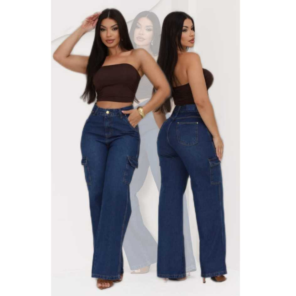 Calça Jeans Feminina Wide Leg Cargo Azul Marinho Cintura Alta 100% Algodão em Oferta na Shopee