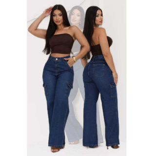 Calça Jeans Feminina Wide Leg Cargo Azul Marinho Cintura Alta 100% Algodão em Oferta na Shopee