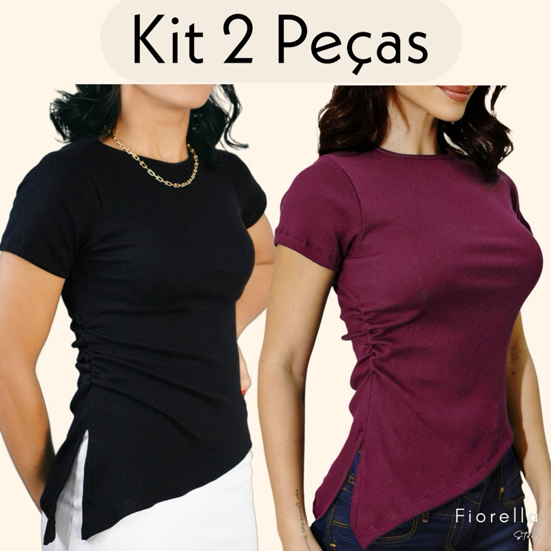 kit 2 Peças Blusa Feminina Assimétrica Ribana Canelada Drapeada Tendência Casual Trabalho