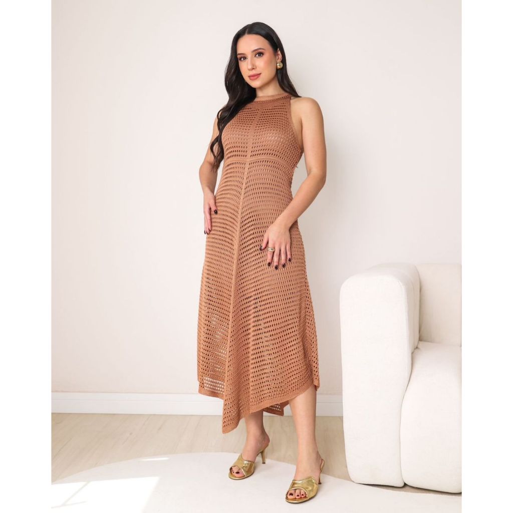 Vestido Midi Feminino Tricot Modal Vazado Renda Com Forro Sem Manga Elegante Moda Primavera Verão em Oferta na Shopee