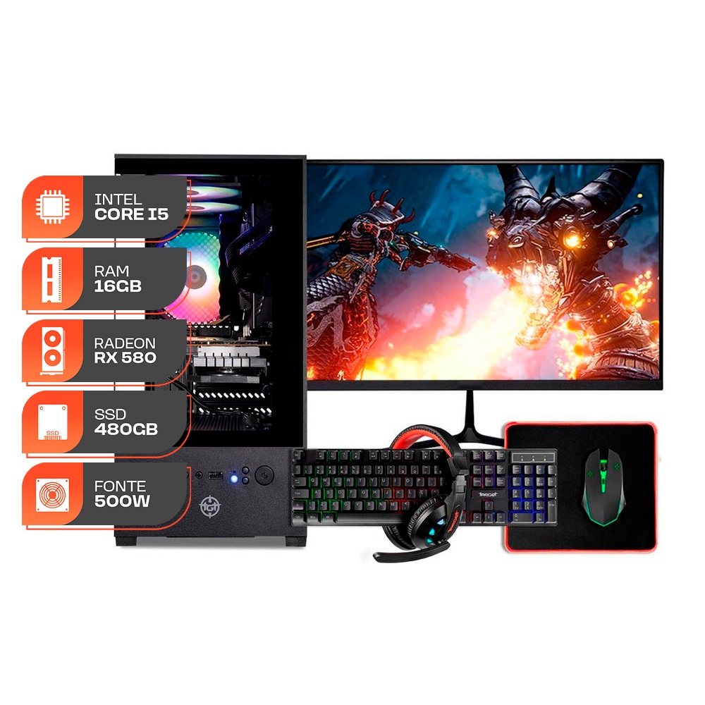 PC Gamer Forge, Intel Core i5, RX 580 8GB, 16GB DE RAM, SSD 480GB, Completo com Monitor e Periféricos em Oferta na Shopee