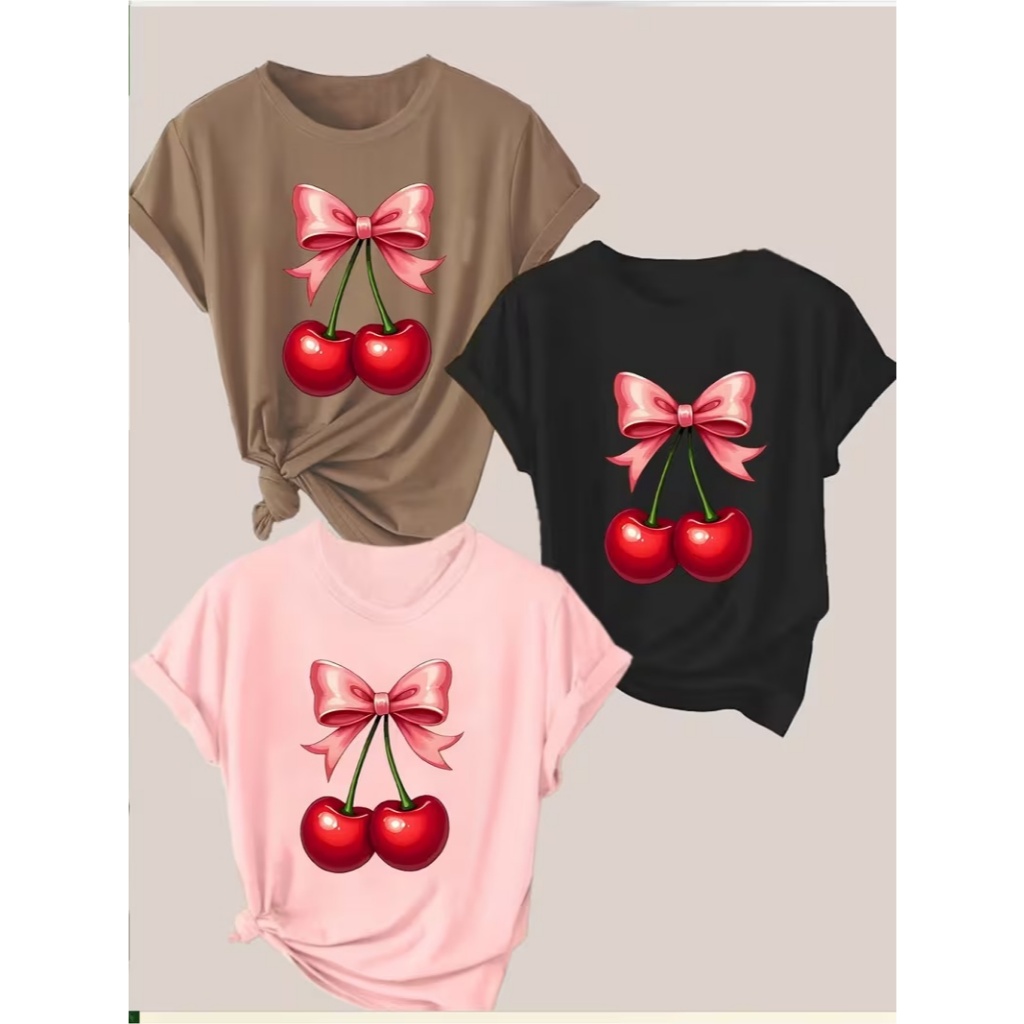 Kit 3 camisetas femininas Conjuntos três peças cereja 100% algodão estilo fofo moderno leve confortável e versátil