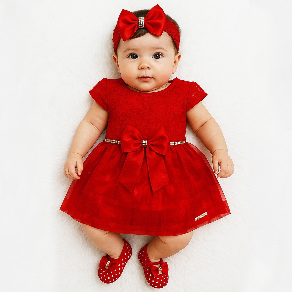 Kit Vestido Para Bebê Calcinha Bunda Rica + Sapatinho + Faixa 0 a 6 Meses 4 Peças