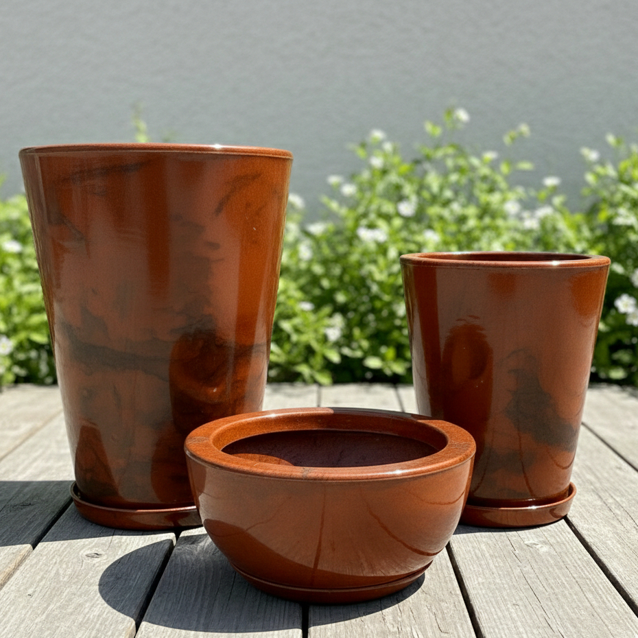 Kit 3 Vasos para Plantas em Polietileno Marmorizado Coluna Redonda N1,N2 + Bacia N1 Com Prato Coletor em Oferta na Shopee