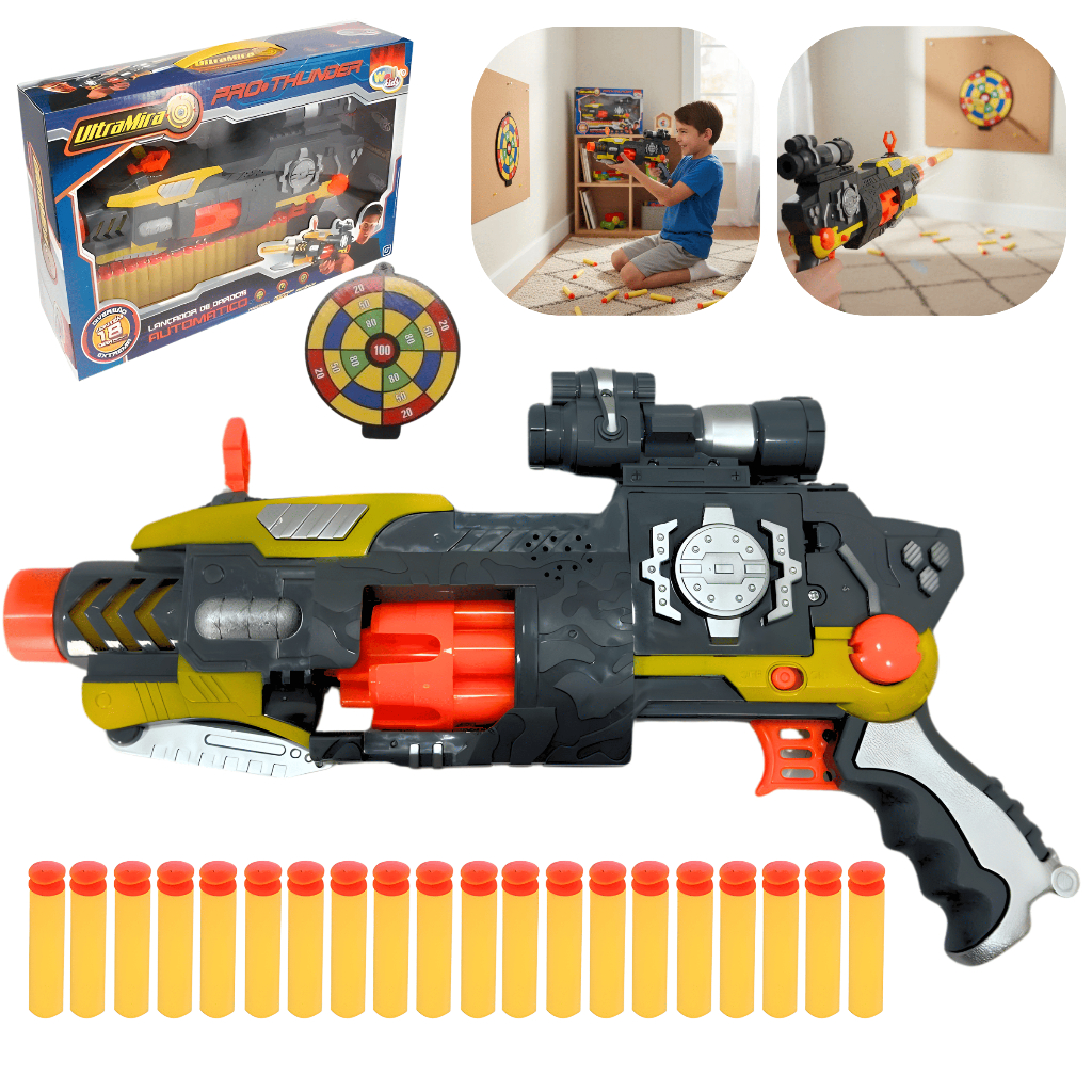 Brinquedo Metralhadora Lança Dardos Automática Com Mira e Som Pro Thunder Arminha Infantil Kids