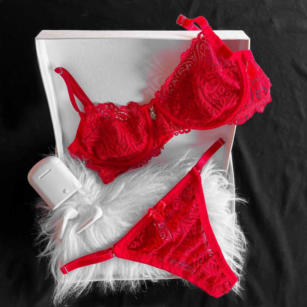 Conjunto Pandora - Lingerie rendado sem bojo, sutiã e calcinha semi fio, regulável com forro