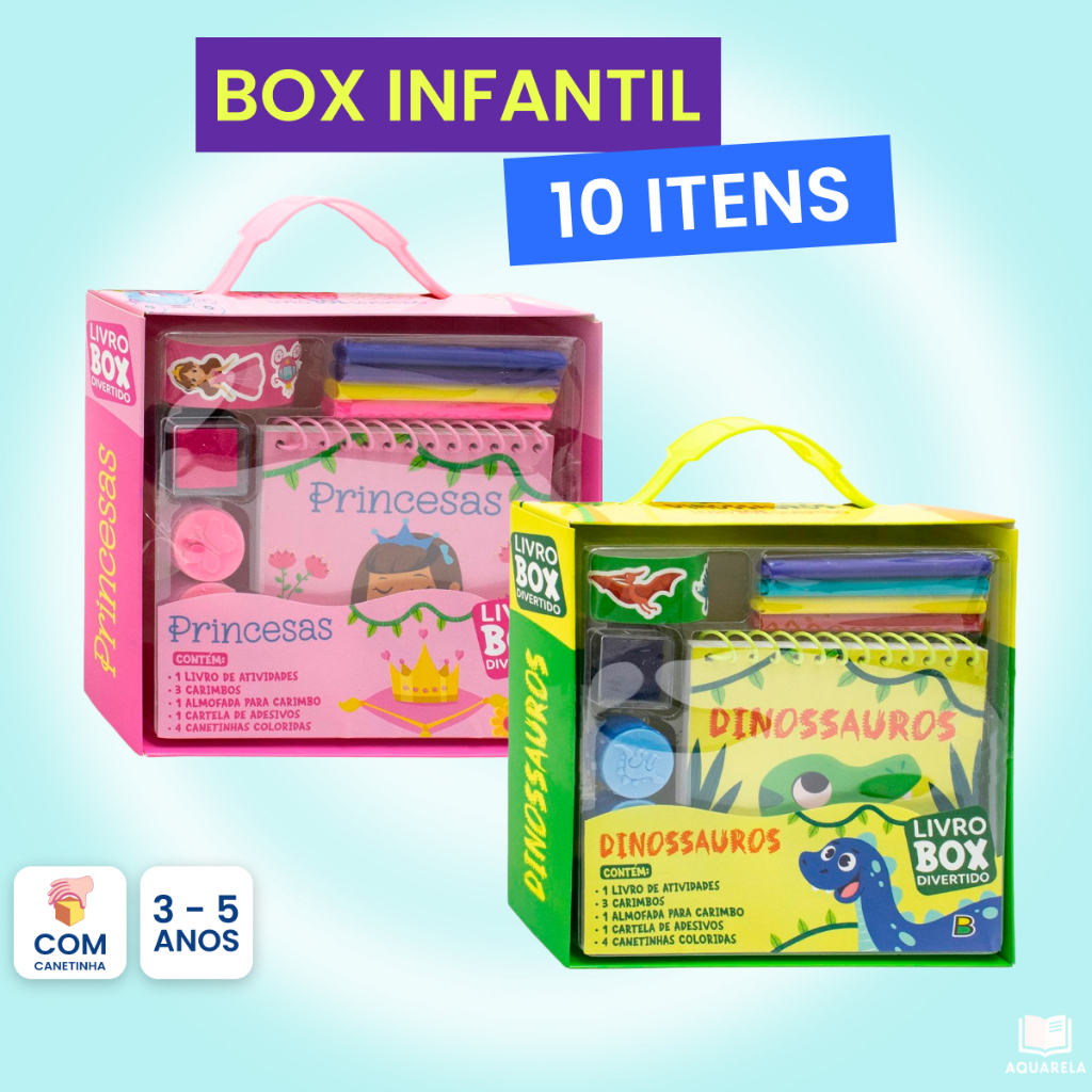 Livro Box Divertido Infantil c/ 10 Itens | Princesa Dinossauros Animais Unicórnios Escolinha | Atividade para Criança