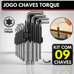 Jogo de Chave Torx Curta Kit com 9 Peças Torque T10 até T50