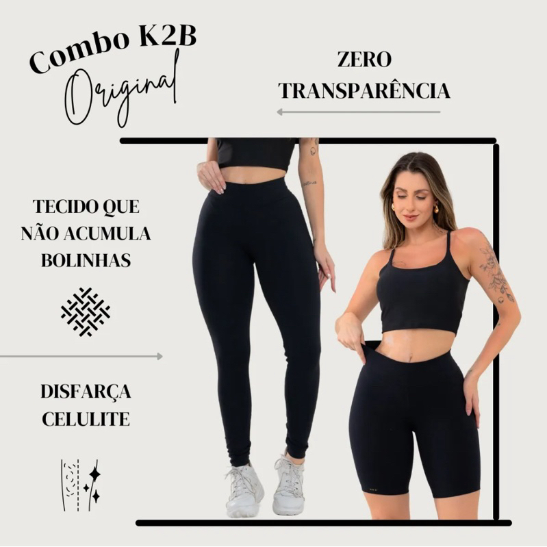 Kit 2 Peças Calça Legging + Bermuda Ciclista K2B Original Cós Alto Fitness Crossfit Treino