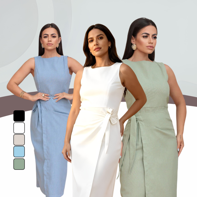 Vestido Midi Alfaiataria Feminino Linho Elegante com Amarração Lateral Social Casual