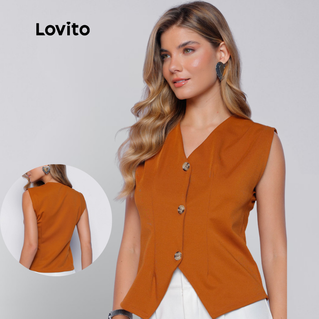 Lovito Colete Alfaiataria Marrom Chic Botoes Frontais Feminino LB982BRL1012 em Oferta na Shopee