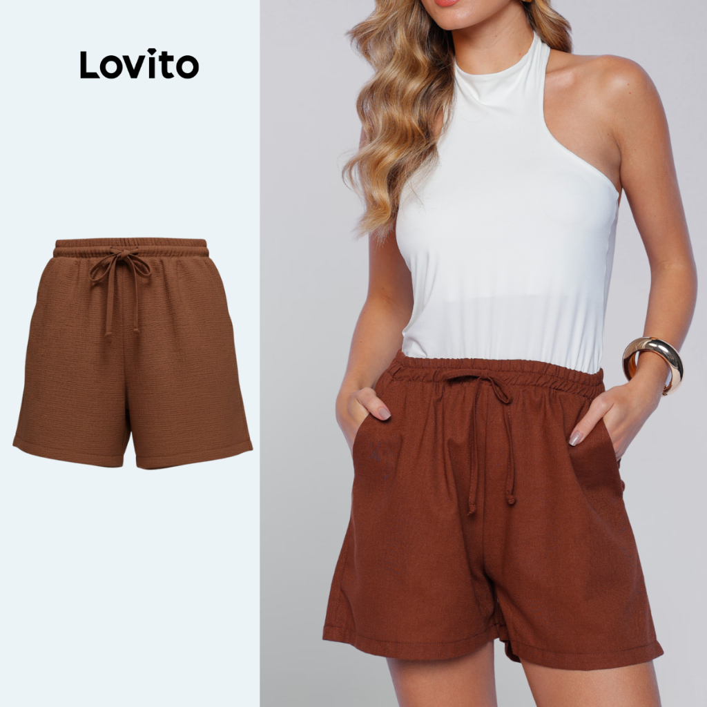 Lovito Shorts de Linho Alfaiataria Curto Com Bolsos com Elástico na Cintura LB1294BRL1324 em Oferta na Shopee