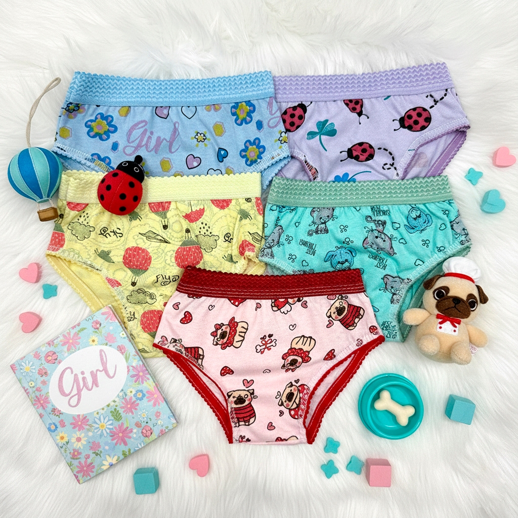 Kit 5 Calcinhas Infantis Algodão Feminina com Cós Sem Cós Sortidas Confortáveis Estampadas Infantil