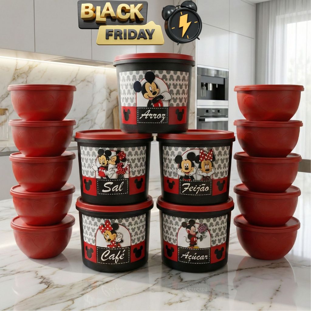 Kit Jogo Mantimentos Mickey e Minnie 5 Peças + 10 Bowls Tigelas - Cozinha Disney Completa