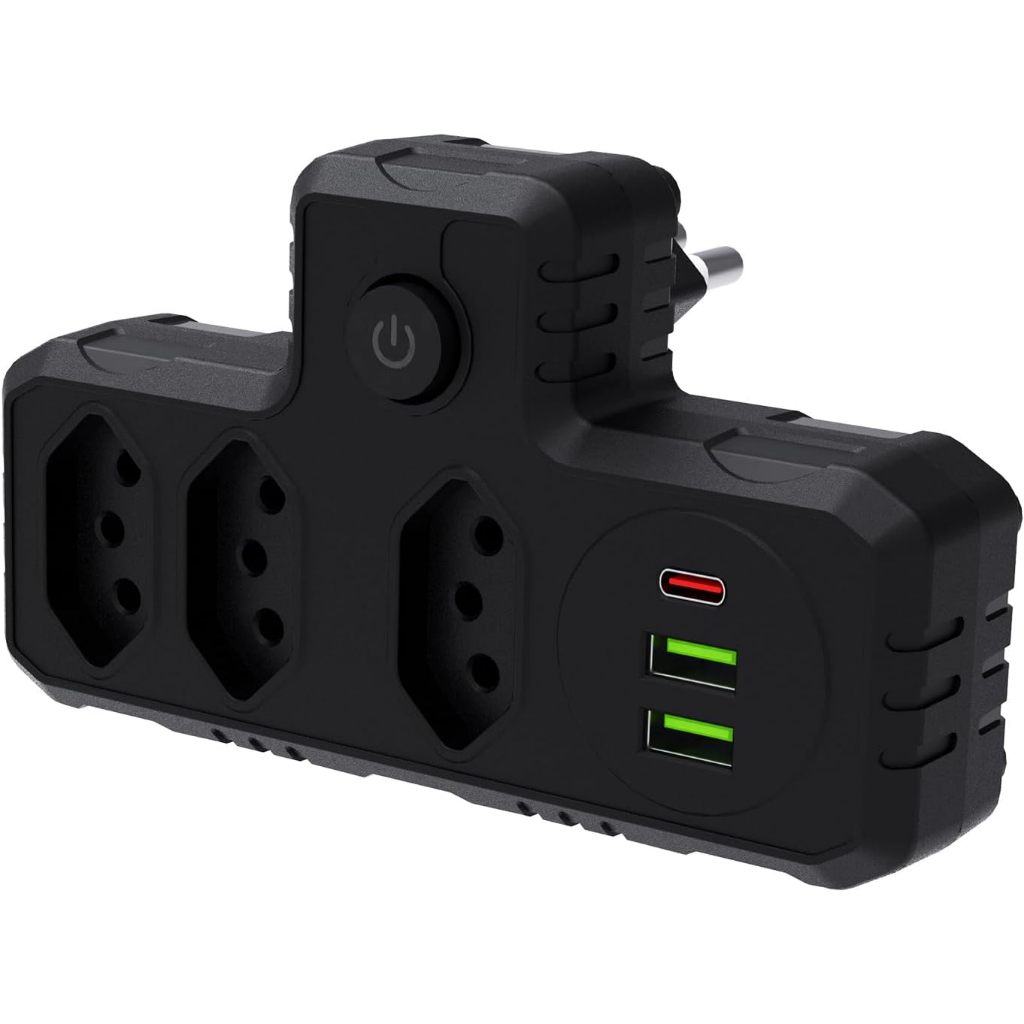 Extensão Tomada Régua de Energia Adaptador Tomada 3Tomadas 2Interfaces USB 1Porta USB Tipo C