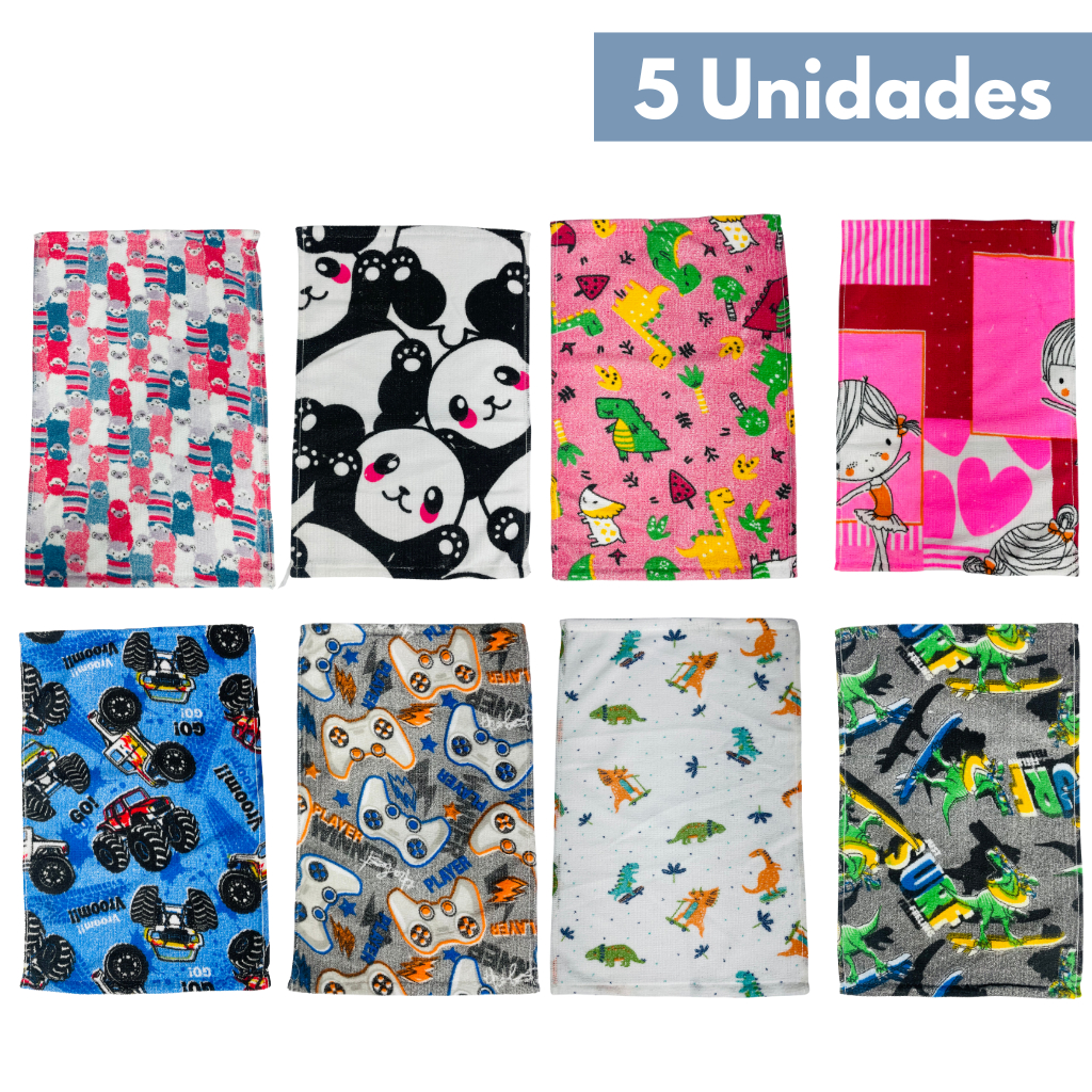 Kit 5 Toalhas Lavabo Escolar Infantil Boca e Mão Desenhos 28x45 em Oferta na Shopee
