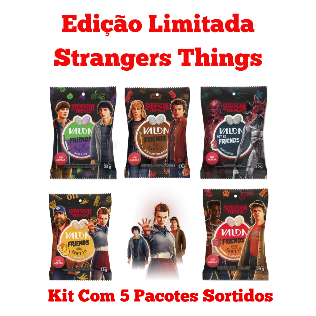 Pastilhas Valda Friends Stranger Things Kit C/5 Sachês Sortidos de 25g Cada em Oferta na Shopee