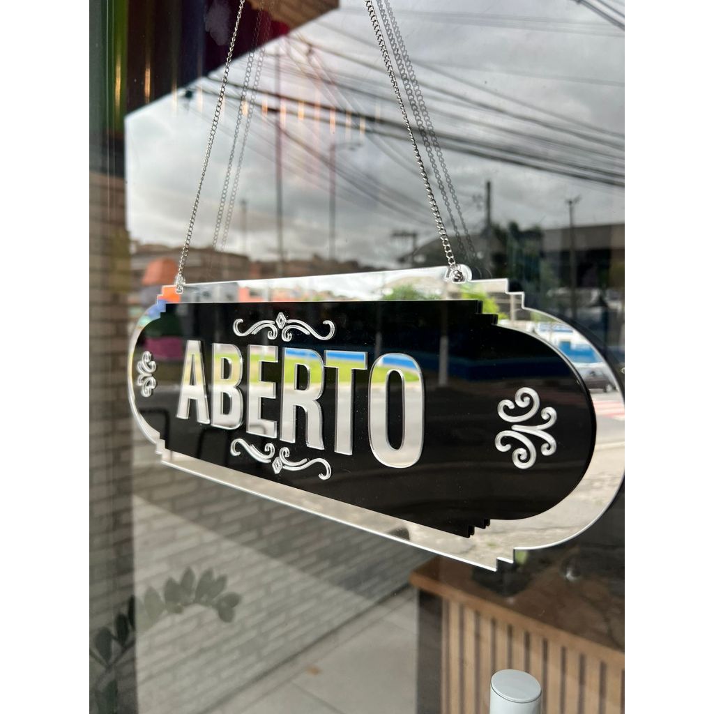 PLACA ABERTO E FECHADO EM ACRILICO ESPELHADO COM VENTOSA