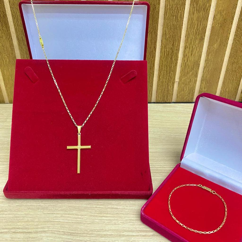 Corrente caixotinho 2mm+ Pulseira + Pingente Cruz lisa 100% moeda 18k