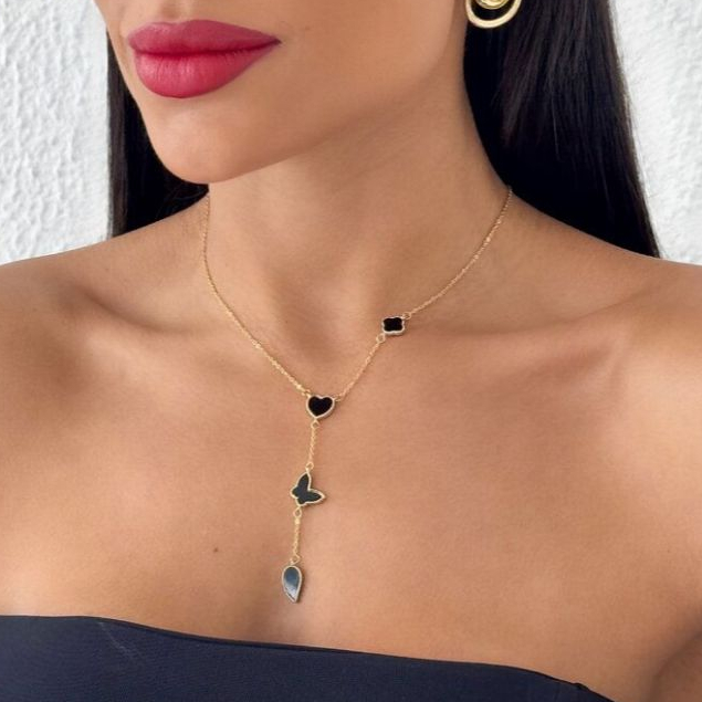 TB Acessórios Moda Colar Feminino Dupla Camada Coração com Borboleta Strass Delicado Banhado a Ouro em Oferta na Shopee