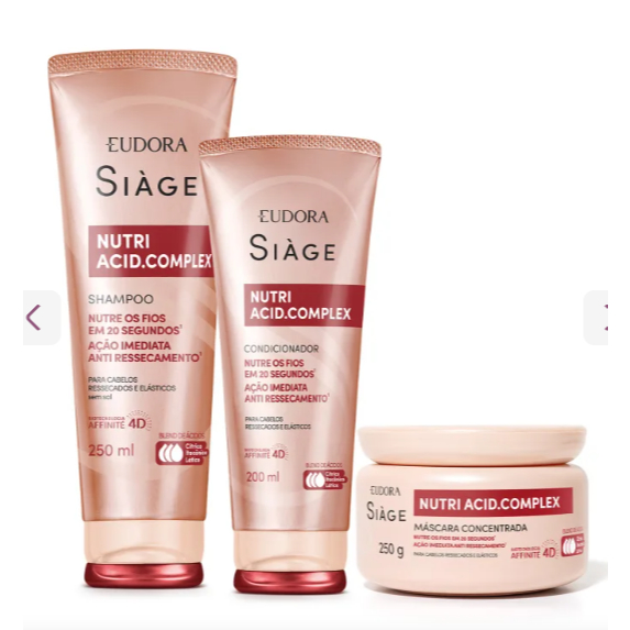 Siàge Nutri Acid.Complex: Shampoo, Condicionador, Máscara, Óleo Creme. Eudora/lançamento.