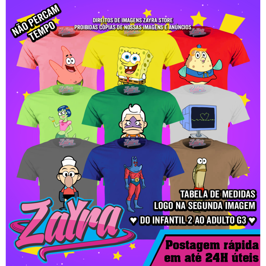 Camisetas Originais Zayra Store - Bob Esponja PT2 (Do Infantil 2 ao Adulto G3) 100 % Algodão Cores Vivas