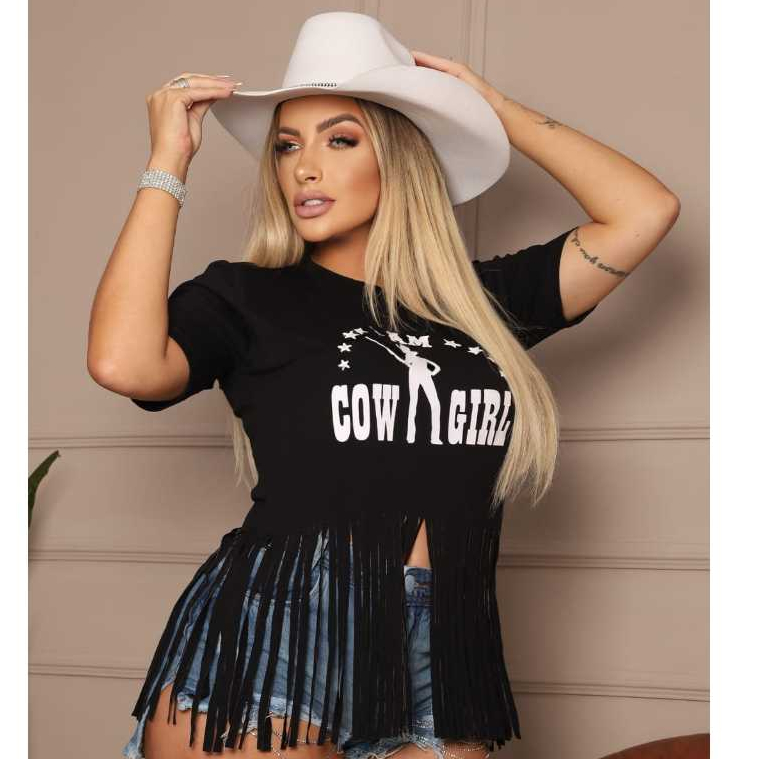T-SHIRT DE FRANJA MODA COUNTRY COW GIRL em Oferta na Shopee