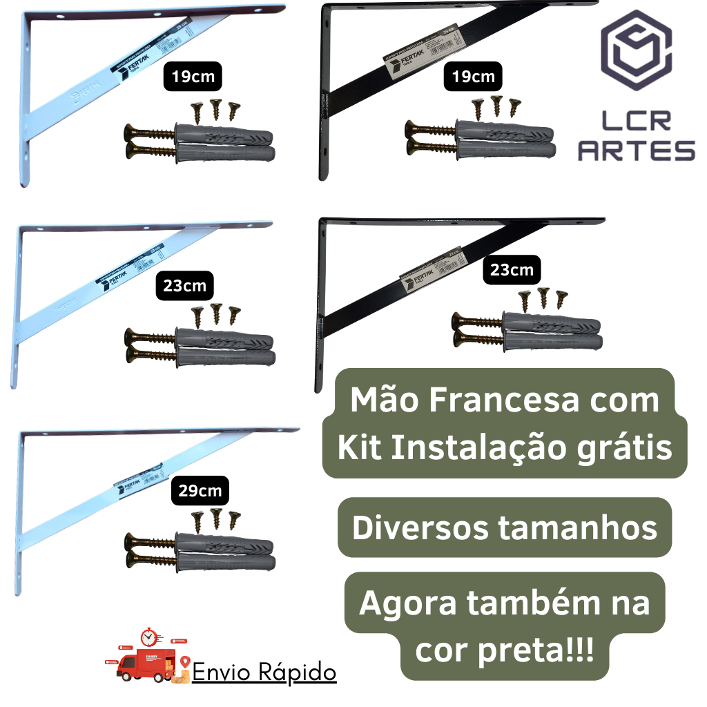 Kit Mão Francesa Branca / Preta + Kit Instalação com Parafuso e Bucha -  2 | 4 | 6 | 8 | 10 | 12 Unidades