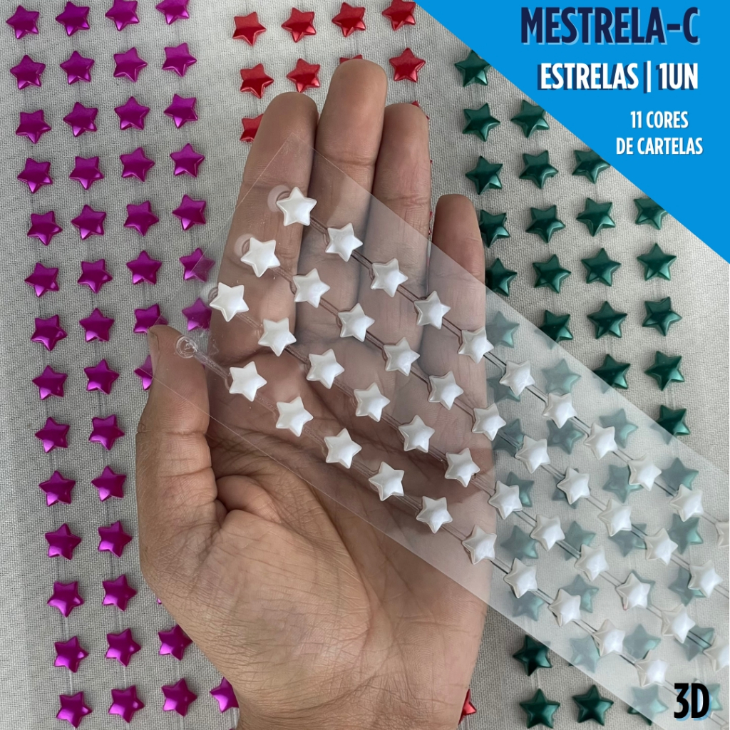 Cartela Adesiva Pedrarias Estrela 3D Para Artesanato, Laços, Unhas, Customização e Decoração - NL