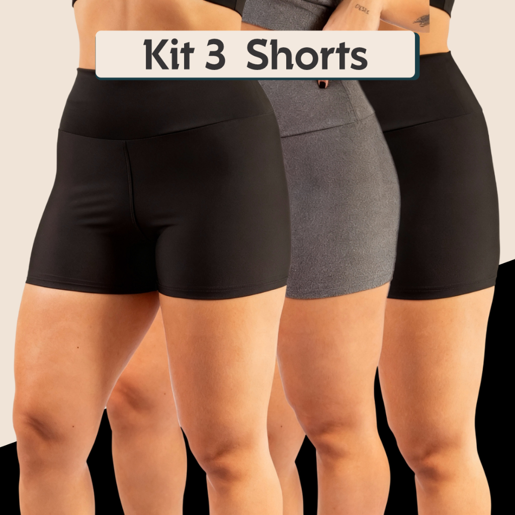 Kit 3 Short Feminino Fitness Curto Cintura Alta Reforçado Sem Transparência Conforto Academia Fitness