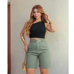 Bermuda Short Feminino Sarja Com Elastano Listrado Elegante Cinto e Bolso Social Verão 3RD SD1716