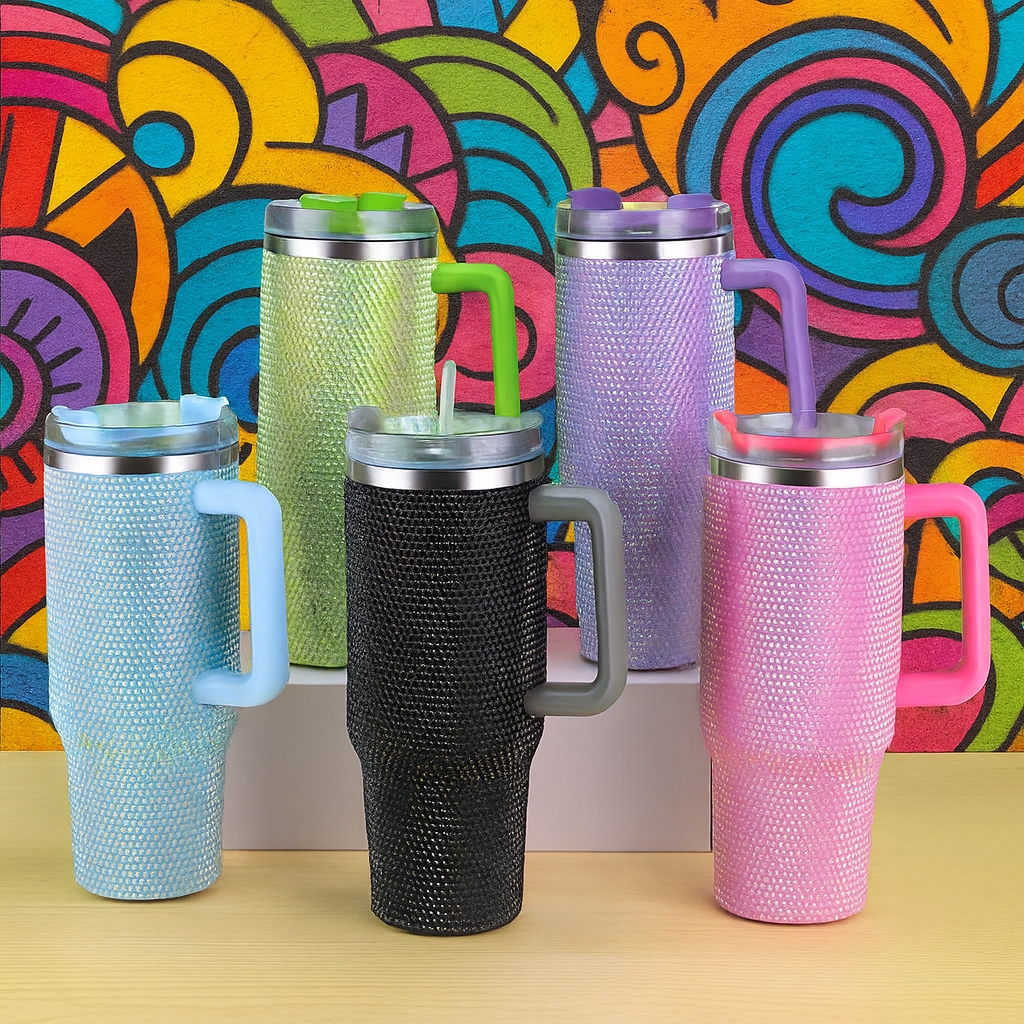 Copo Térmico 1200ml Luxo Glitter com Strass – Super Brilho, Alça Premium e Tampa com Canudo