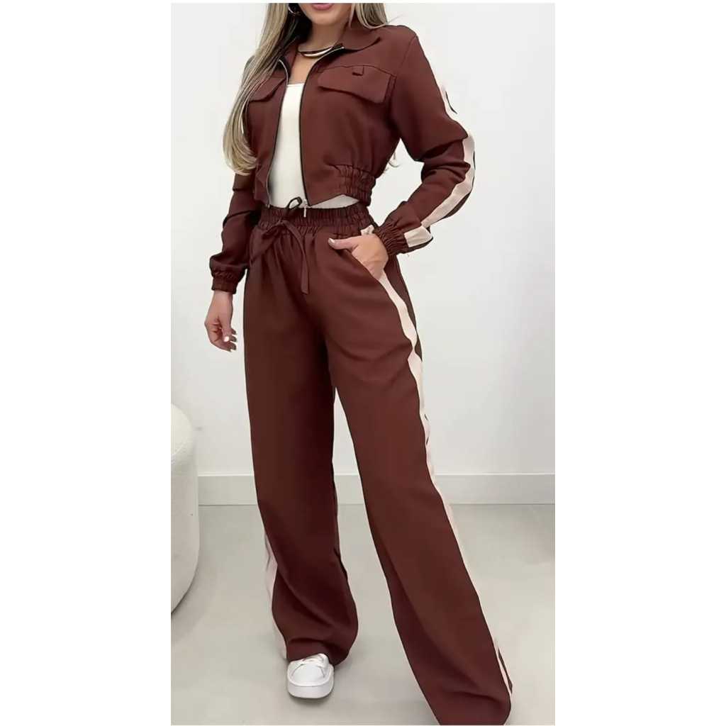 Conjunto Feminino Calça Pantalona Faixa Lateral blusa Manga Longa Zíper Moda Inverno Look Casual em Oferta na Shopee
