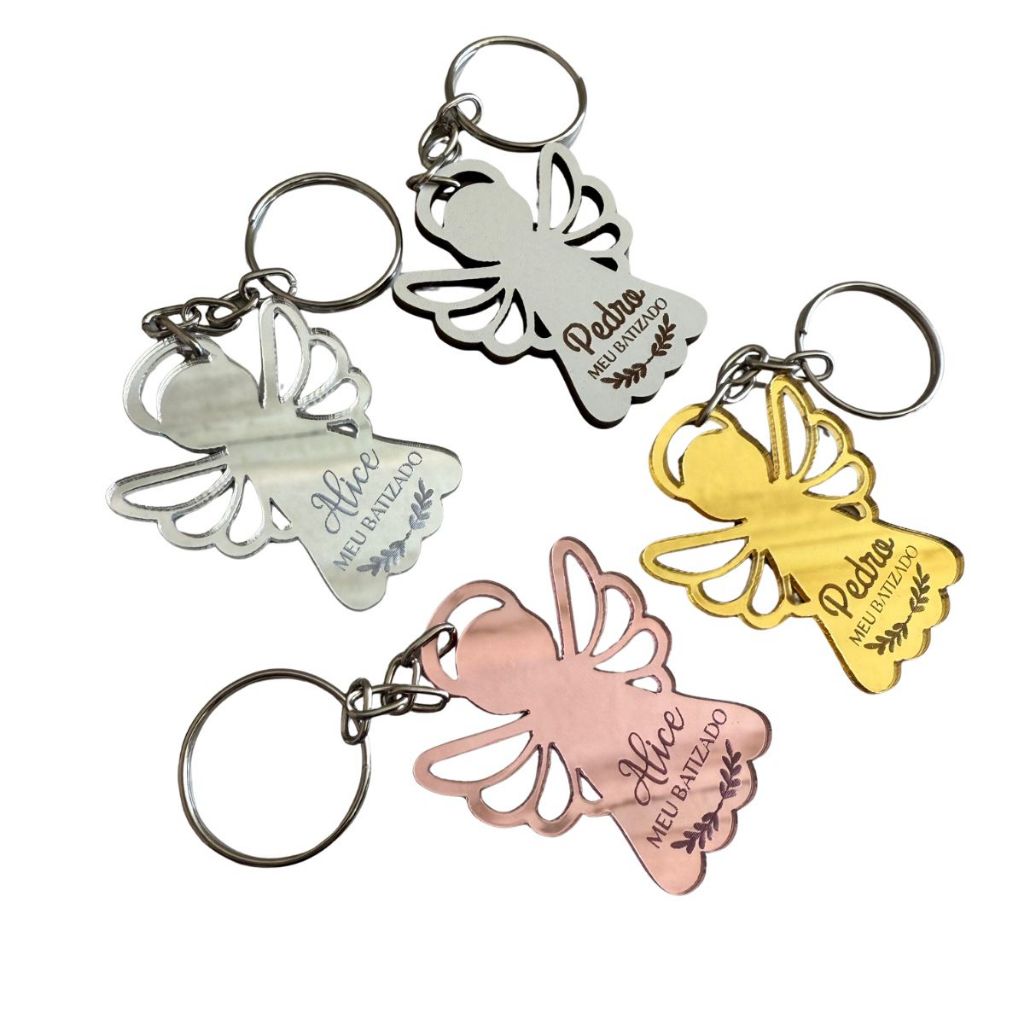 Chaveiros Personalizados Anjo Batizado Acrílico MDF Branco Decoração Enfeite Lembrancinha