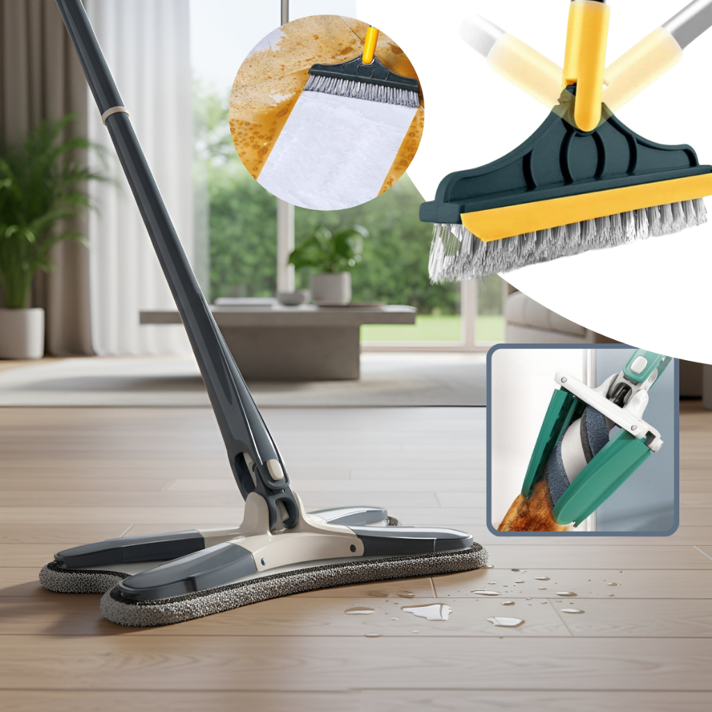Rodo Mop Mágico Limpeza Esfregão Chão Teto Parede Vidros + Escova 2x1 Vassoura Rodo Banheiro Box KIT