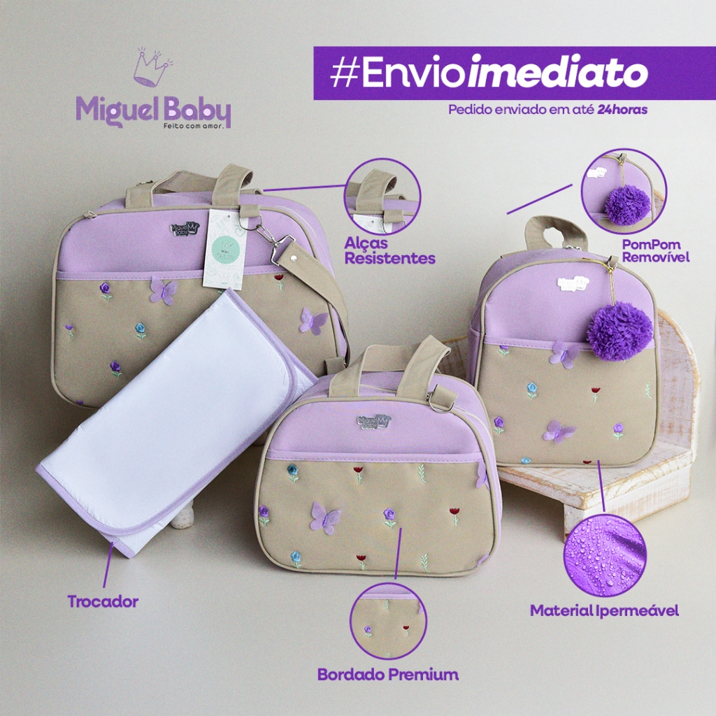 Kit Maternidade Premium Borboletas & Flores – 3 Peças + Trocador | Exclusivo, Bordado, Super Espaçoso e Elegante em Oferta na Shopee