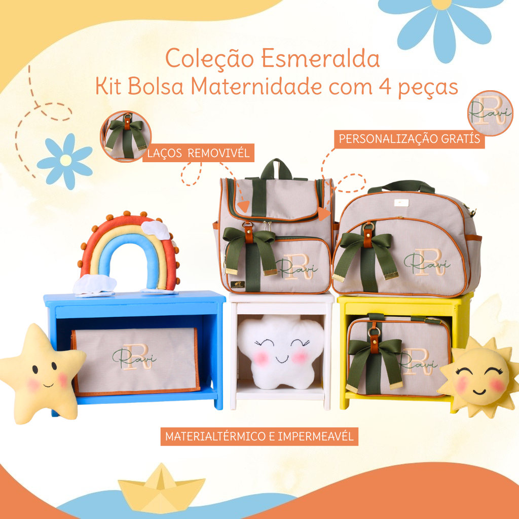 Kit Maternidade 4 Peças Personalizado / Coleção Esmeralda em Linho, Estação Mamãe e Bebê. em Oferta na Shopee