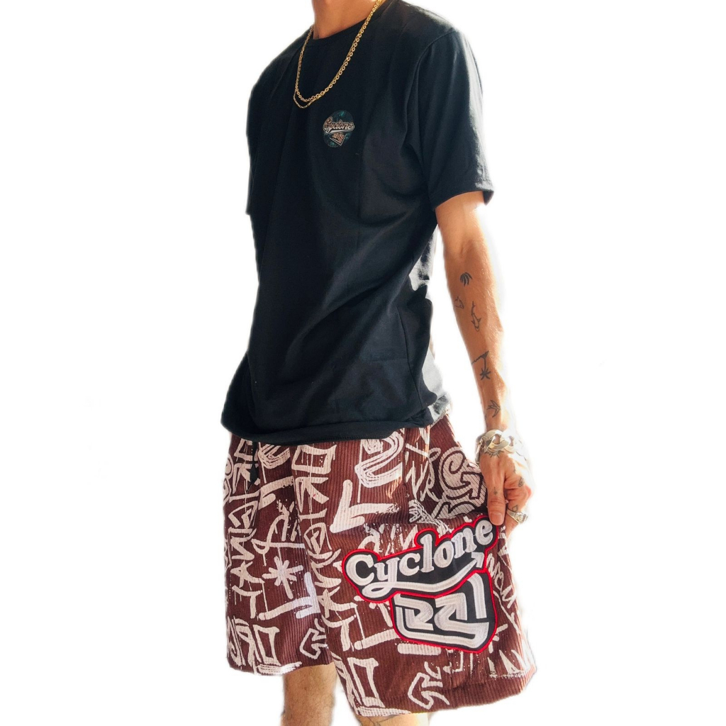 BERMUDA CYCLONE VELUDO BROWN  ESTAMPADO + CAMISETA CYCLONE ALGODÃO